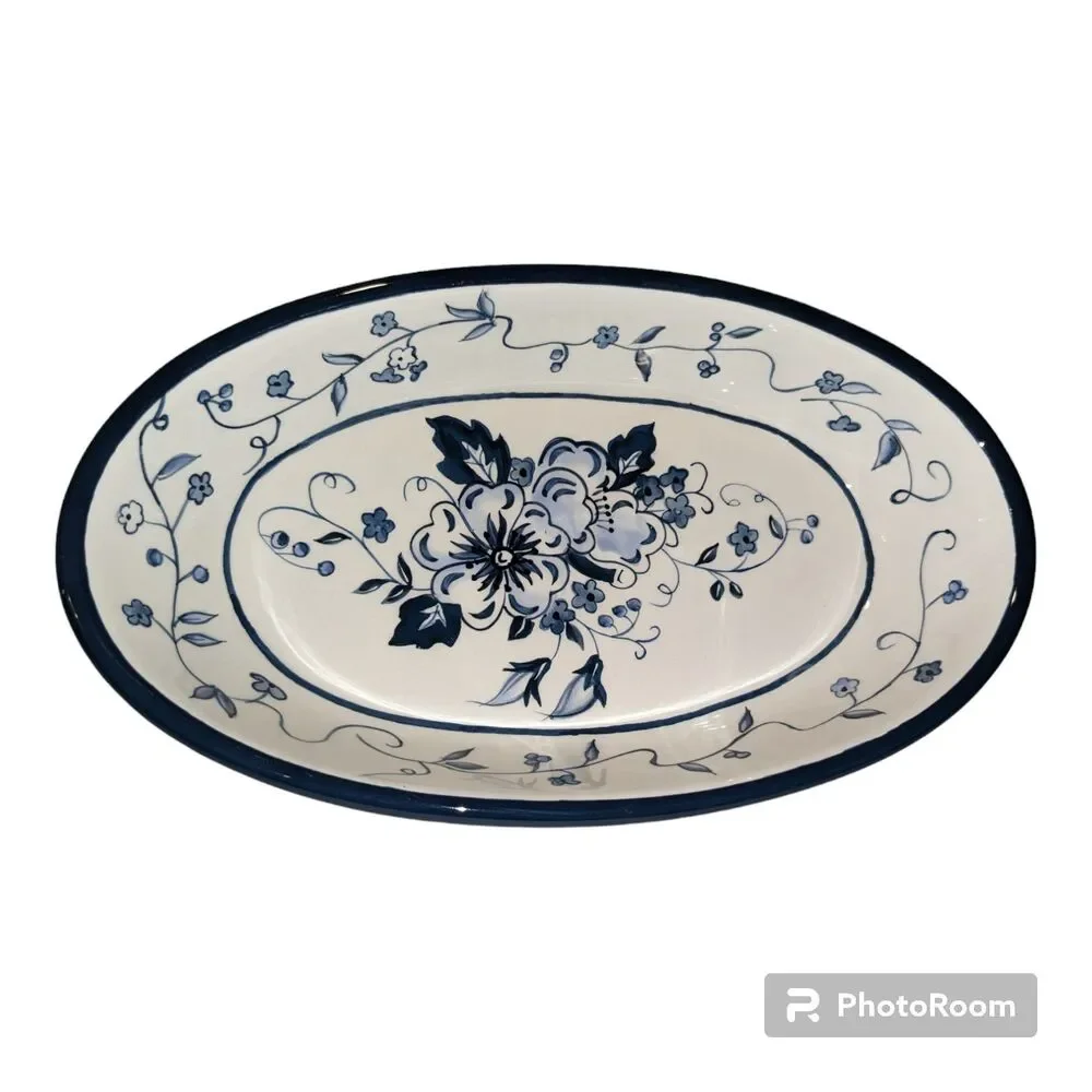 Lang Serving Bowls Earthenware Floral Blues Oval  set of 2 Blue white 9.75